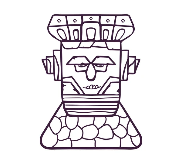 Kleurrijke totem masker. Een houten masker op een stenen sokkel, met emotionele expressies. Lineaire platte vectorillustratie. — Stockvector