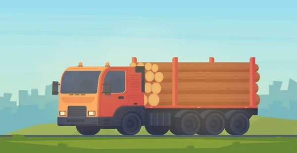 Vrachtwagen met oplegger voor het vervoer van rauwe producten voor hout en hout. Bosrijke industrie. Vlakke stijl vectorillustratie. — Stockvector
