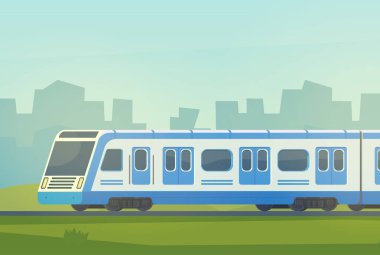 Yolcu modern elektrikli yüksek hızlı tren şehir manzarası ile. Demiryolu Taşımacılığı. Tren.