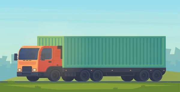 Container caminhão com um semi-reboque para a entrega de mercadorias. Serviço logístico. Vetor de estilo plano ilusão isoladaem branco . — Vetor de Stock