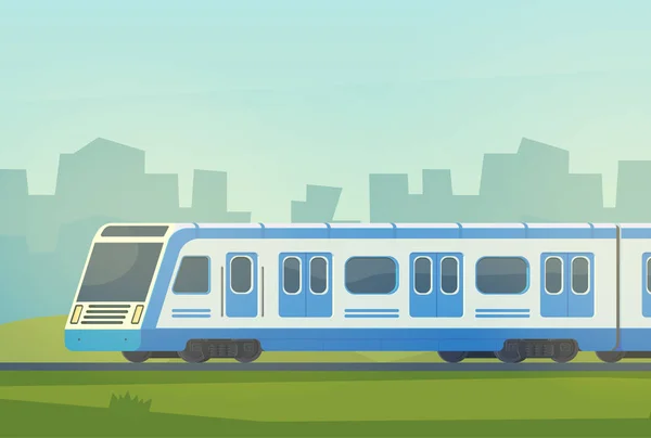 Passanger trem elétrico moderno de alta velocidade com paisagem da cidade. Transporte ferroviário. Viajar de comboio . — Vetor de Stock