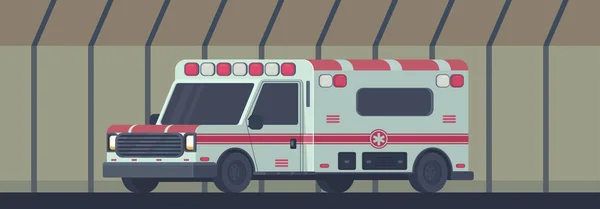 Carro de ambulância no túnel de transporte. A máquina para fornecer a primeira assistência médica de emergência necessária. Ilustração dos desenhos animados vetoriais . — Vetor de Stock