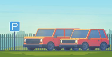 Şehir içinde araba park yeri. Park alanı için oturum açın. Düz vektör.