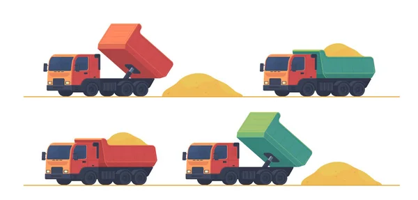 Dumper truck. A set of trucks, unloading and carrying soil and construction materials on building site. — Stock Vector