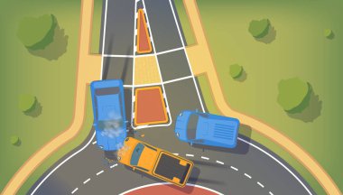 Buruşuk kanatlı iki araba ve tamponlar, windows ve fren kırık arasındaki trafik kazası.