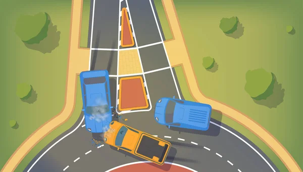 Buruşuk kanatlı iki araba ve tamponlar, windows ve fren kırık arasındaki trafik kazası.