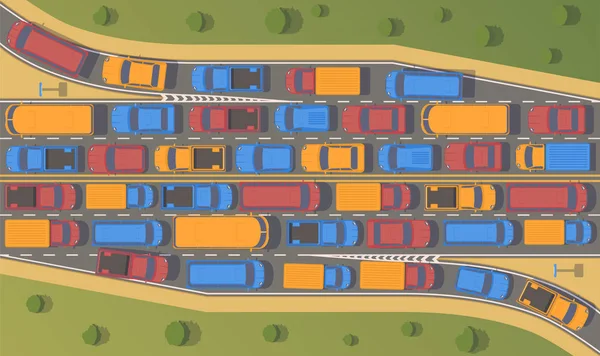 Trafikstockning på trafikplats. Stor trängsel i bilar. Ovanifrån platt illustration. — Stock vektor