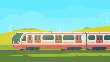 Yolcu modern elektrikli yüksek hızlı tren ile dağlık bir bölgede doğa manzara.