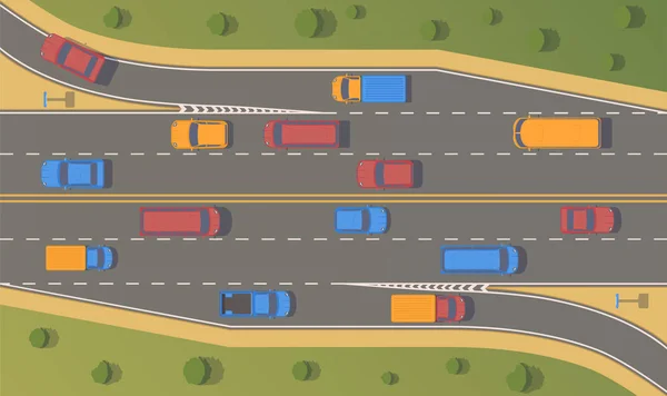 Bovenaanzicht Road Junction. Rechts turn branches en congressen. — Stockvector