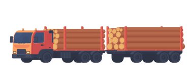 Beyaz arka plan üzerinde izole kamyon günlüğü. Kamyon römork nakliye için-ham ahşap ve ahşap ürünleri ile. Ormancılık sanayi. Vektör düz stil çizim.
