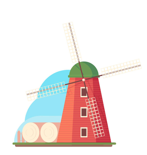 Красная ветряная мельница изолирована на белом. Плоский стиль
