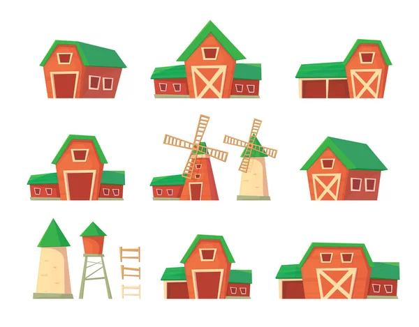 Rolnictwa. Budynek gospodarstwa. Wieża wody pitnej. Windmill pompa wodna i silosy szopowe stodoła do kukurydzy i zbiorów. — Wektor stockowy
