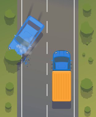 Road accident on road between cars and trees with crumpled wings and bumpers, broken windows and braking. And smoking cars. clipart