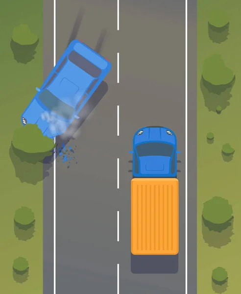 Road accident on road between cars and trees with crumpled wings and bumpers, broken windows and braking. And smoking cars. — Stock Illustration Road accident on road between cars and trees with crumpled wings and bumpers, broken windows and braking. And smoking cars. Royalty Free Stock Vectors