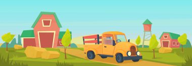 Tarım. Turuncu kamyon, kırmızı ahır, ev ve çiftlik, su kulesi ve samanlık ile Çiftlik kırsal manzara.
