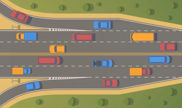 Cruce de carretera con vista superior. Gire a la derecha ramas y congresos . — Vector de stock