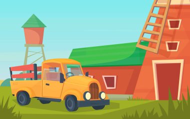 Tarım. Turuncu kamyon, kırmızı ahır, ev ve çiftlik, su kulesi ve samanlık ile Çiftlik kırsal manzara.