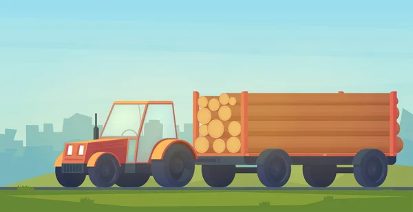 Loggning av traktor på väg. Traktor med släpvagn för transport av råvirke och trävaror. Foresty industri. — Stock vektor