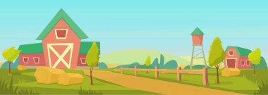 Tarım. Kırmızı ahır, ev ve çiftlik, su kulesi ve samanlık ile Çiftlik kırsal peyzaj.
