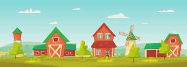 Tarım. Kırmızı ahır, ev ve çiftlik, su kulesi ve samanlık ile Çiftlik kırsal peyzaj.