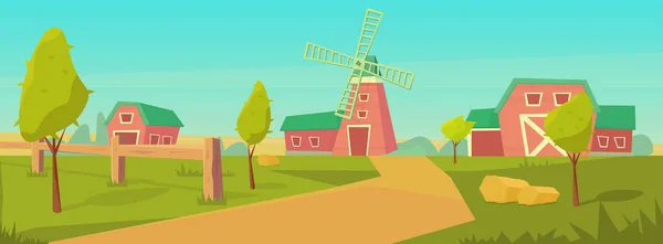 L'agriculture. Paysage rural agricole avec grange rouge, maison et ranch, château d'eau et botte de foin . — Image vectorielle