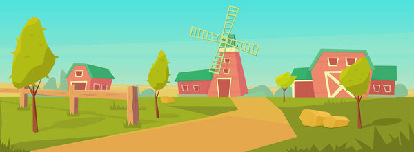 Agriculture. Farm rural landscape with red barn, house and ranch, water tower and haystack.