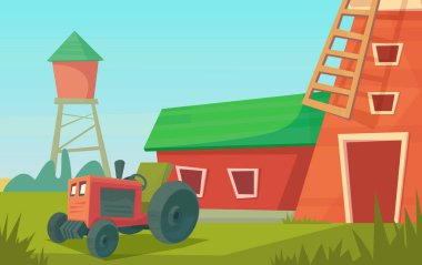 Tarım. Kırmızı yel değirmeni ve traktör ile Çiftlik kırsal peyzaj