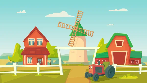 Rolnictwa. Gospodarstwo wiejskie krajobraz z czerwonym wiatrak i ciągnik — Wektor stockowy