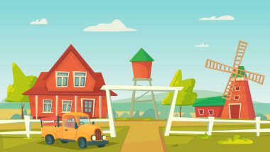 Tarım. Kırmızı yel değirmeni ve çiftlik kamyonu ile Çiftlik kırsal manzara