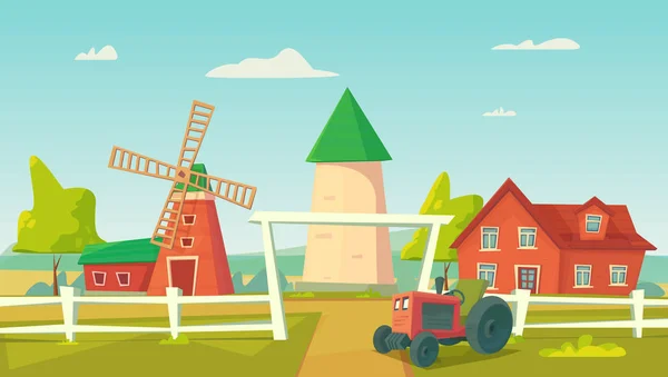 Agricultura. Granja rural con molino de viento rojo y tractor — Archivo Imágenes Vectoriales