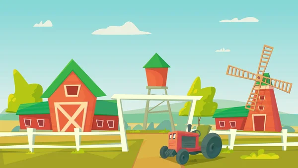 Agricultura. Granja rural con molino de viento rojo y tractor — Vector de stock