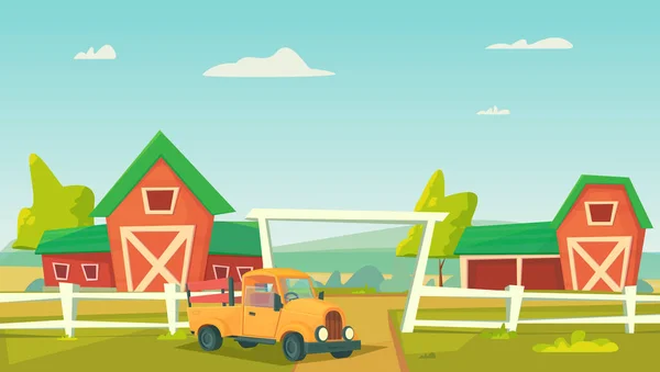 Agriculture. Farm rural landscape with red barn and farm truck. — Stock Vector