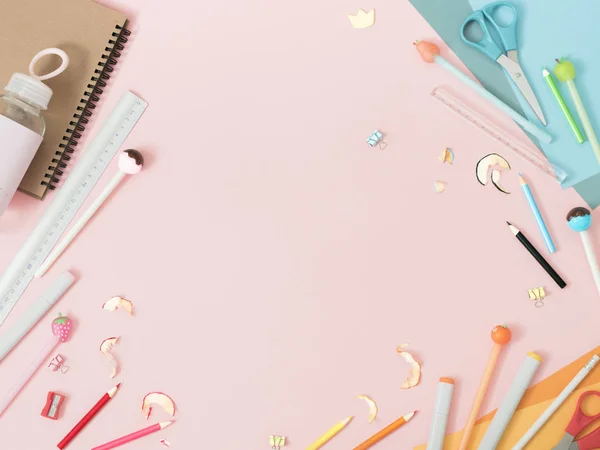 Kleurrijke Briefpapier Snoepjes Pastel Roze Achtergrond School Concept — Stockfoto