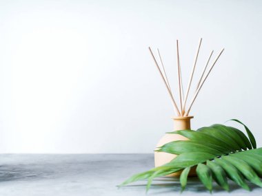Aroma reed koku difüzör rattan sopa ve açık gri renkli yeşil palmiye yaprağı ile