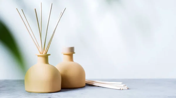 Aroma Reed Geur Diffusoren Met Rotan Sticks Met Palmtak Lichte — Stockfoto