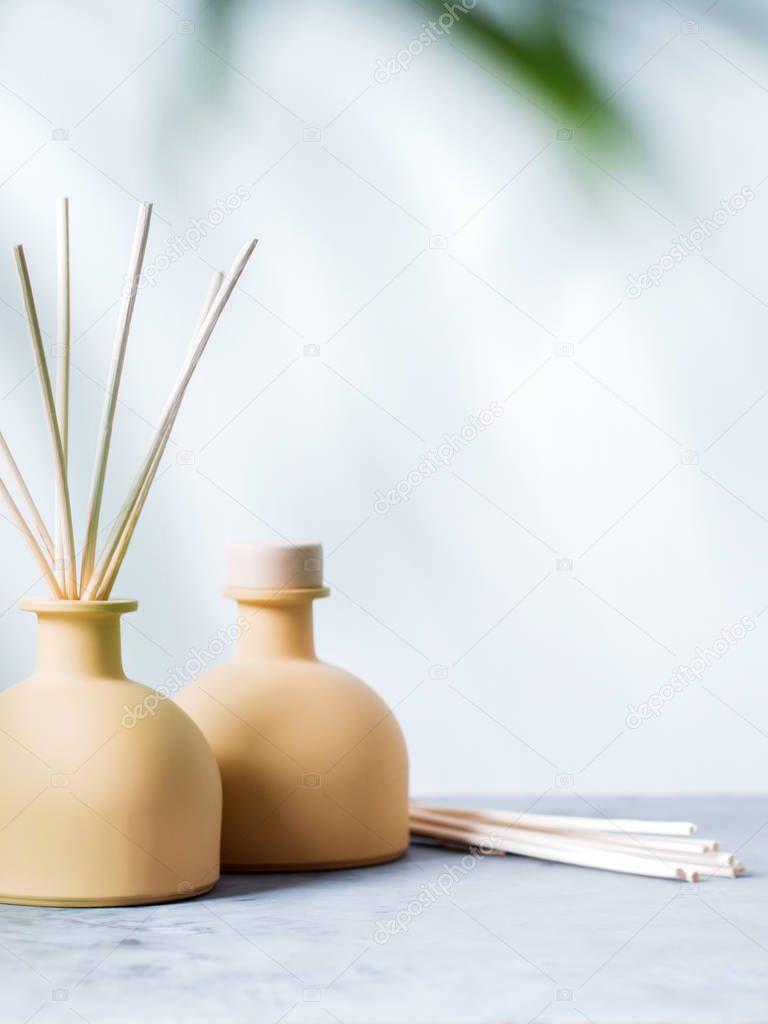 aroma reed fragrance diffusers with rattan sticks with palm leaf on light grey background