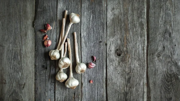 Gri ahşap zemin üzerine sarımsak başkanları üstten görünüm