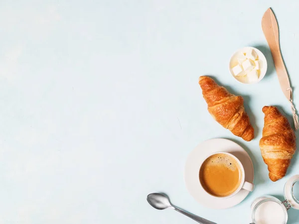 Cup Espresso Capsules Croissants Butter Blue Pastel Background — Stock Photo, Image