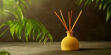 Palmiye yaprakları koyu zemin üzerine rattan çubuklarla koku difüzör