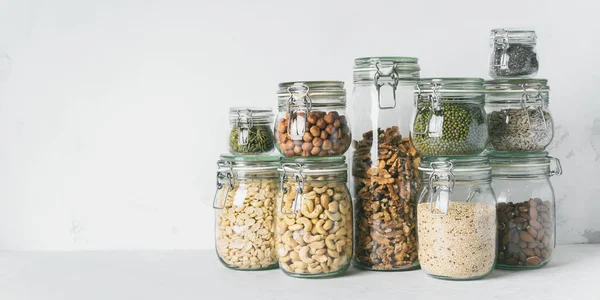 Colección Frascos Vidrio Con Almendras Anacardos Cacahuetes Avellanas Nueces Semillas — Foto de Stock