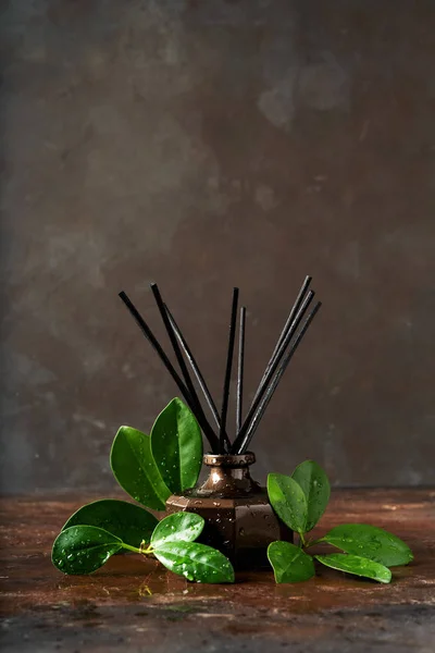 Aroma Reed Diffuser Fles Met Rotan Sticks Groene Bladeren Donkere — Stockfoto