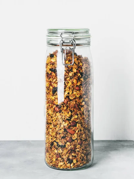 Glass Jar Homemade Granola Oatmeal Almonds Cashews Peanuts Hazelnuts Sunflower — Stock Photo, Image