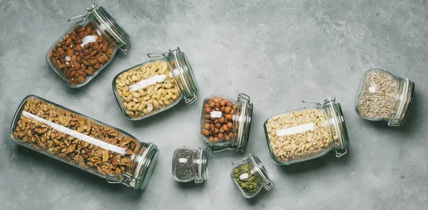 Collection Almonds Cashews Peanuts Hazelnuts Walnuts Chia Seeds Sunflower Pumpkin — Stock Photo, Image