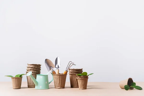 Herramientas Jardinería Ollas Papel Regadera Hojas Verdes Sobre Fondo Blanco — Foto de Stock