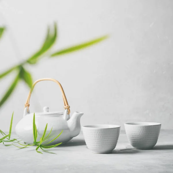 Asian Set Green Tea Cups Teapot Bamboo Leaves Grey Background — Stock Photo, Image