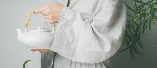 Woman Holding Teapot Cotton Robe Light Grey Background — Stock Photo, Image