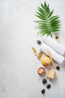palm tropikal yaprak, havlu, koku parfüm şişe, el yapımı organik Sabunlar, petrol frangipani, Peep ahşap, silhat, hafif beton yüzeyi pembe tuz ile Spa kompozisyon