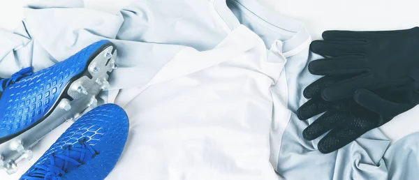 Scarpe Calcio Blu Scarpe Tacchette Guanti Shirt Bianca Uniforme — Foto Stock