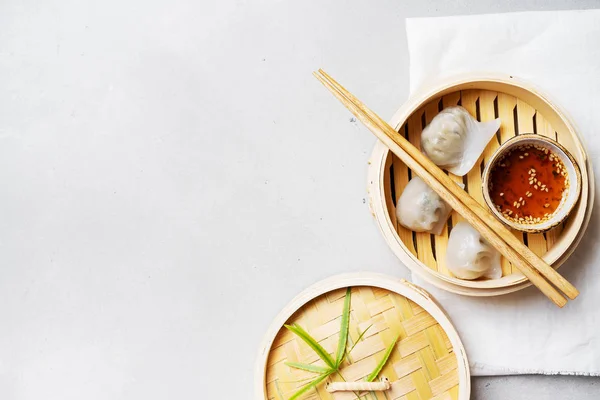 Gnocchi Vapore Tradizionali Cinesi Dim Sums Har Gow Piroscafo Bambù — Foto Stock