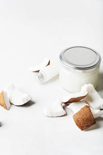 Set Con Burro Cocco Sano Biologico Vaso Vetro Bottiglia Con — Foto Stock